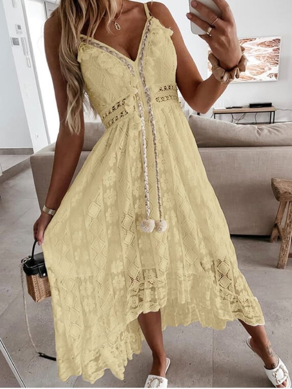 Cupshe Maxi Sundress - Yellow Lace with Boho Crochet Tassel - Picture 5 of 5